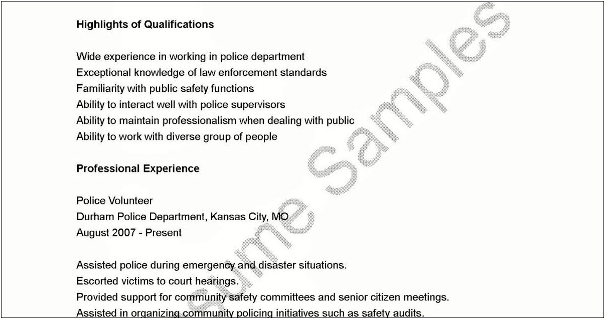 Resume Sample Pubdispatcher Police Reserve Volunteer