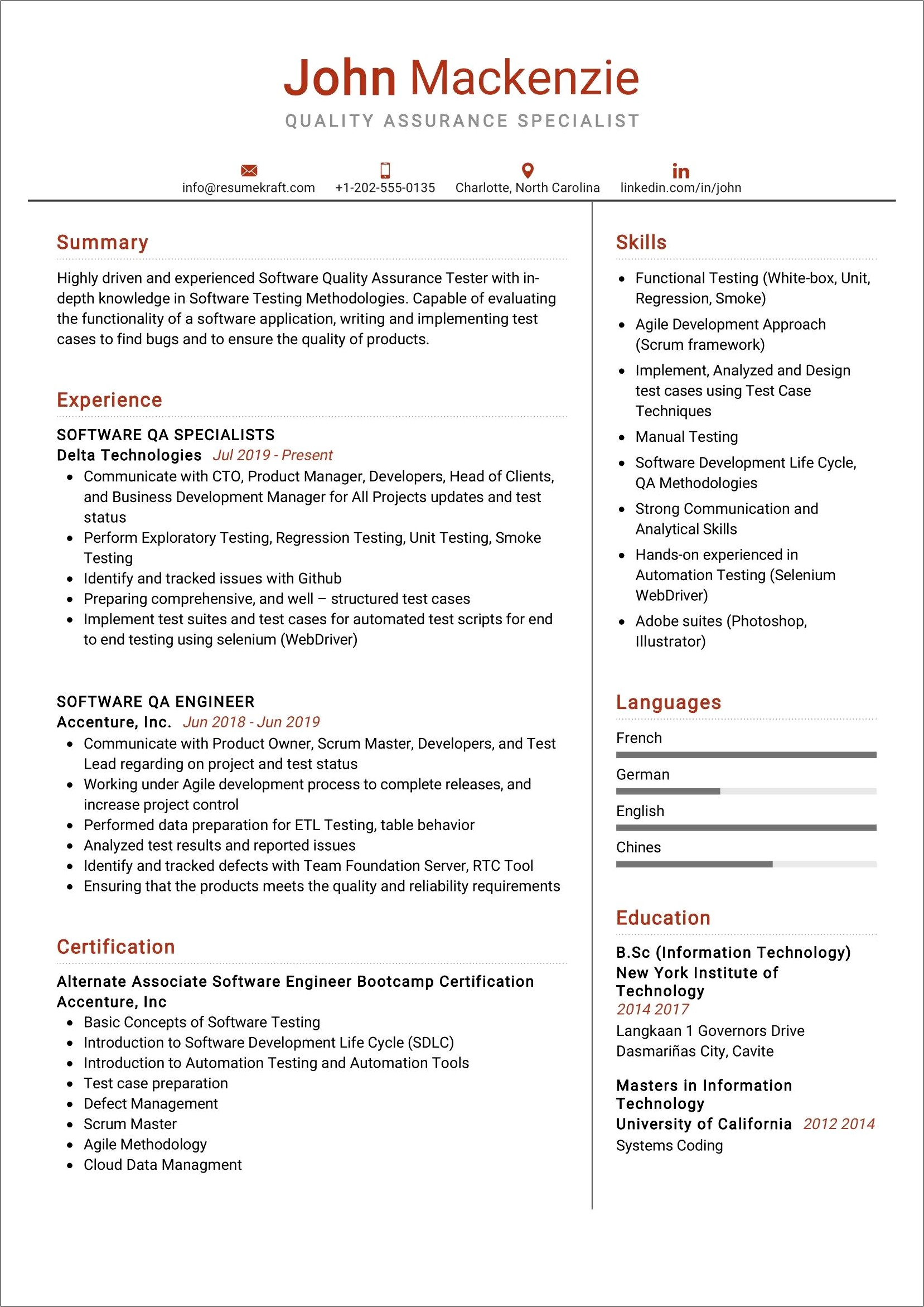 Resume Sample Quality Assurance Specialist
