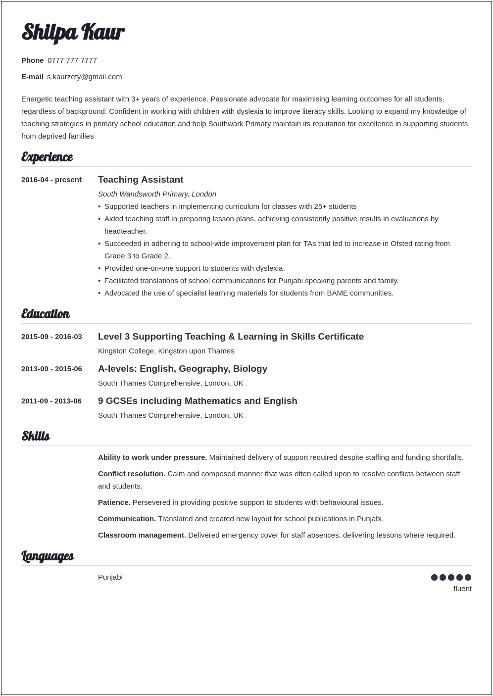 Resume Sample Teaching Assistant In College