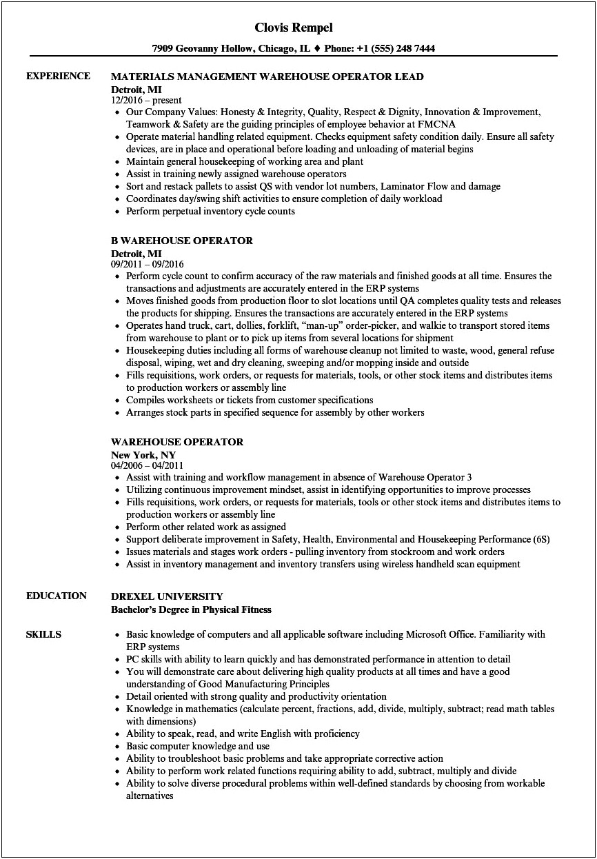 Resume Sample Warehouse Production Worker