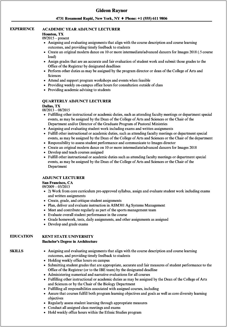 Resume Samples Adjunct Faculty Objectives