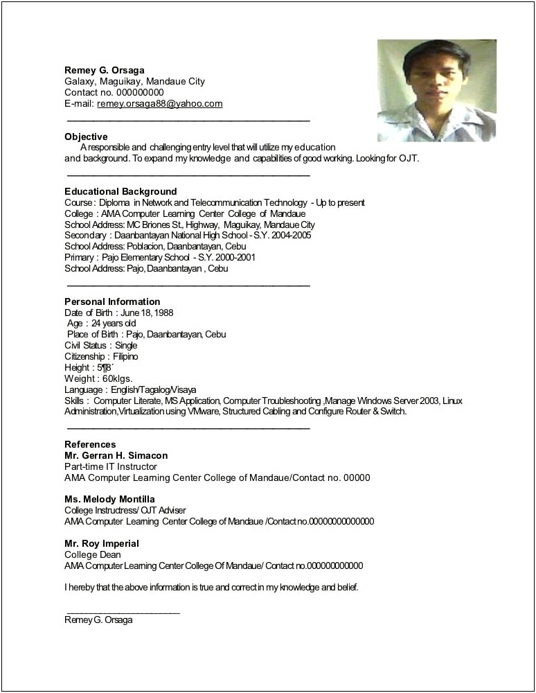 Resume Samples For 18 Year Olds
