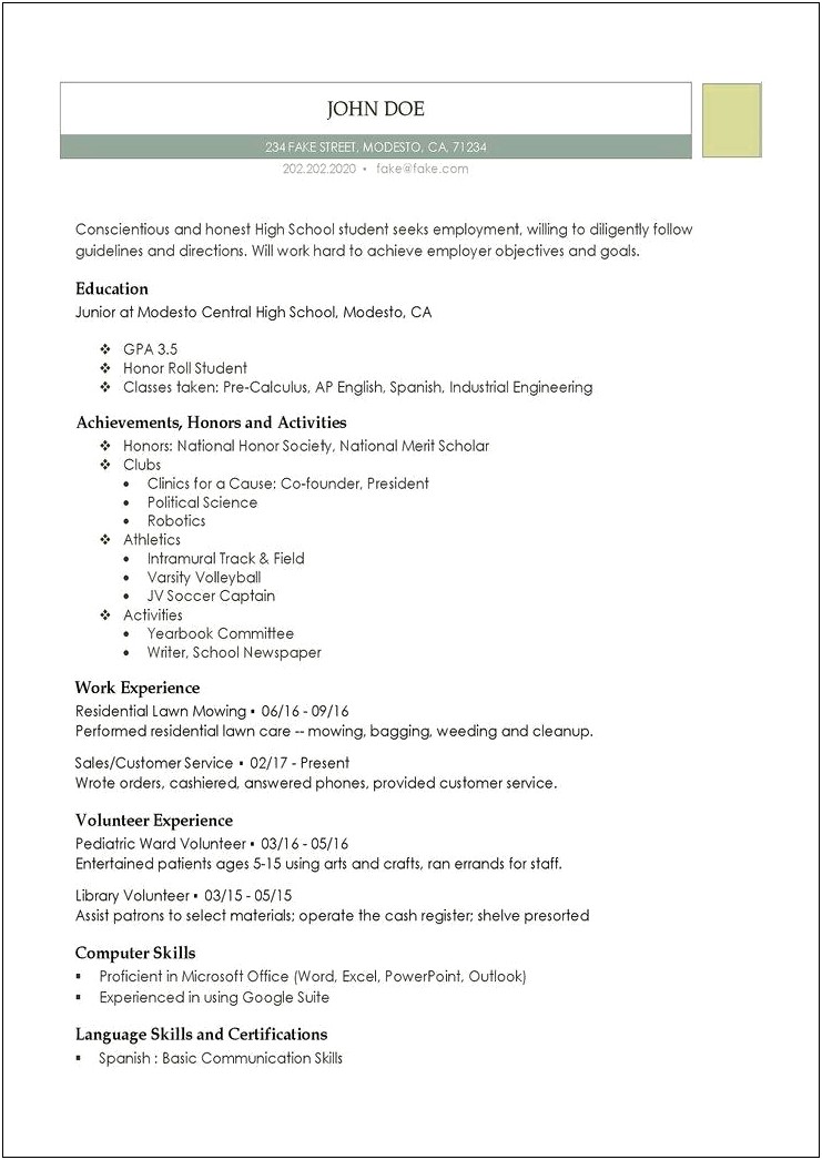Resume Samples For A High School Student
