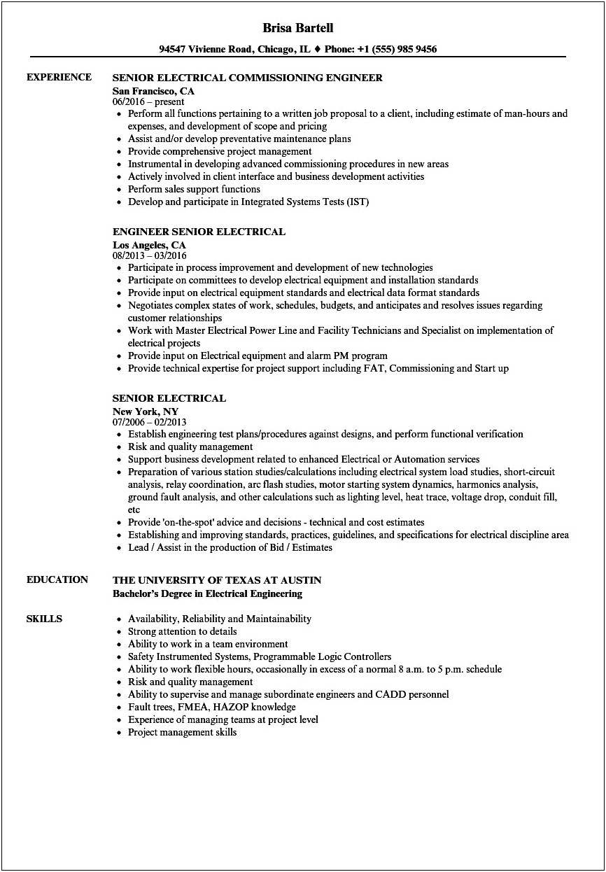 Resume Samples For A Senior Electrical Engineer