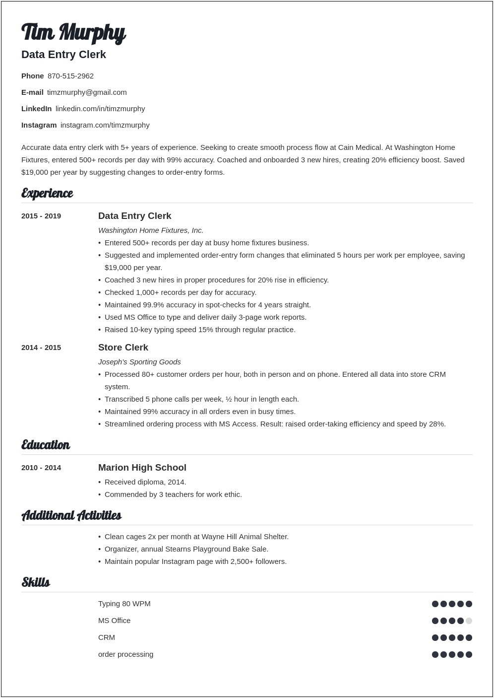 Resume Samples For Data Entry Positions