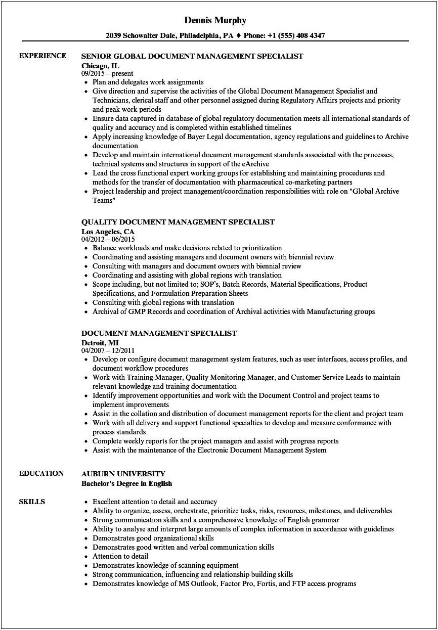 Resume Samples For Document Control Specialist