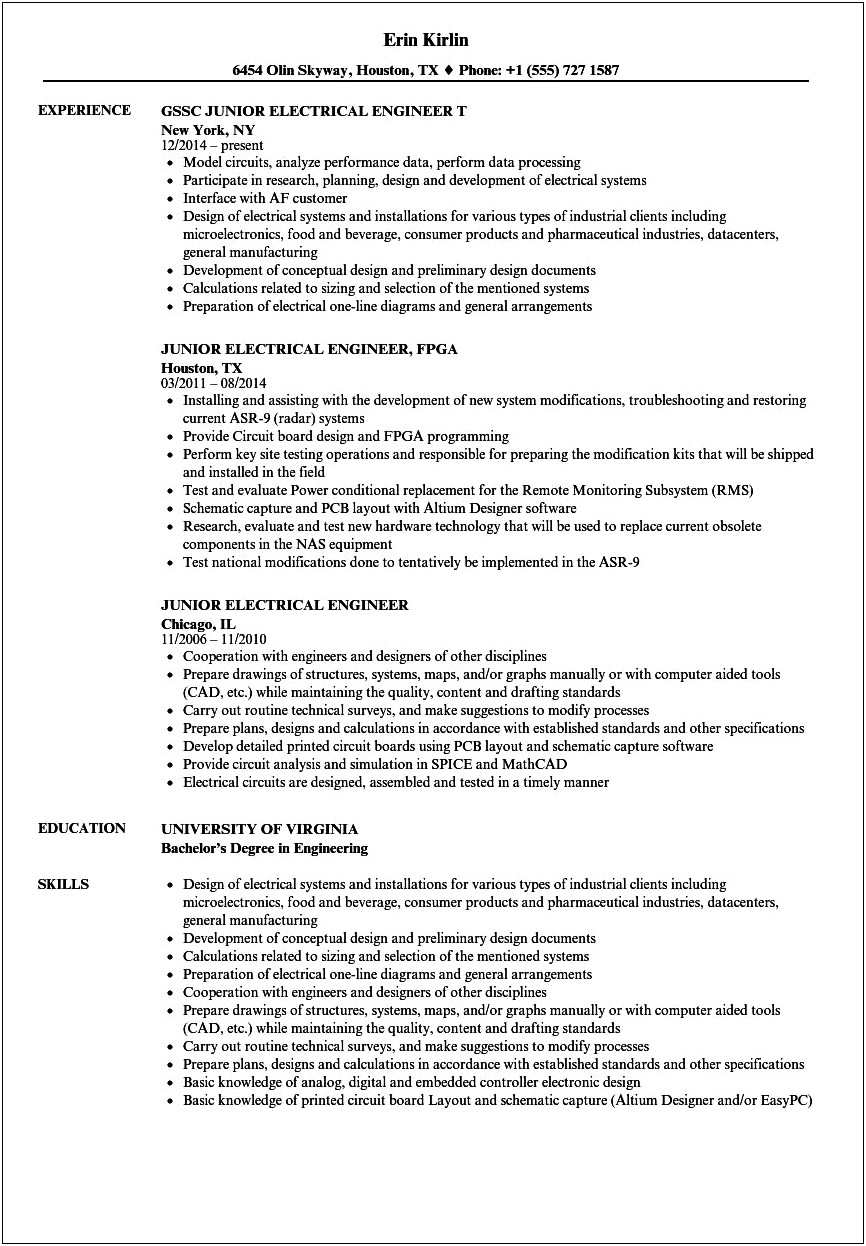 Resume Samples For Electrical Engineer Pdf