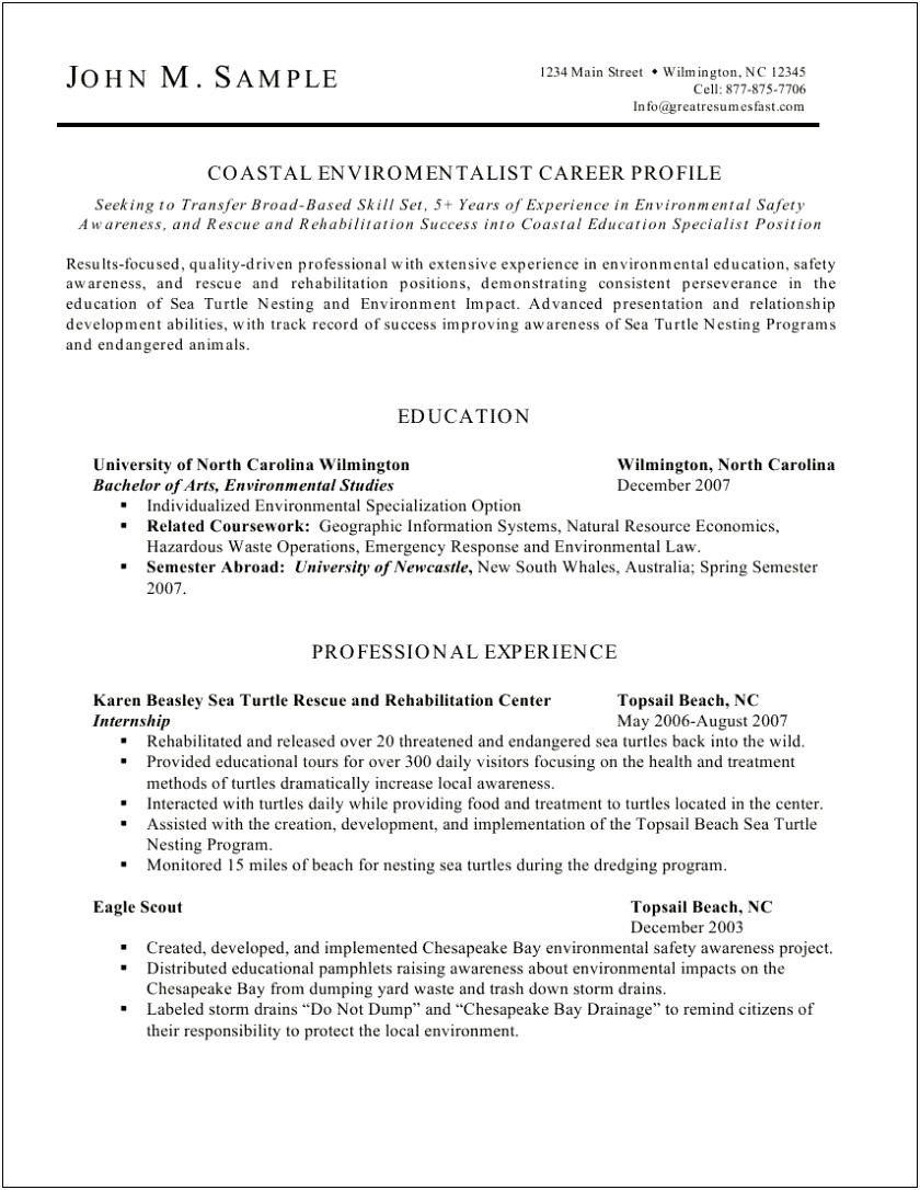 Resume Samples For Environmental Professionals