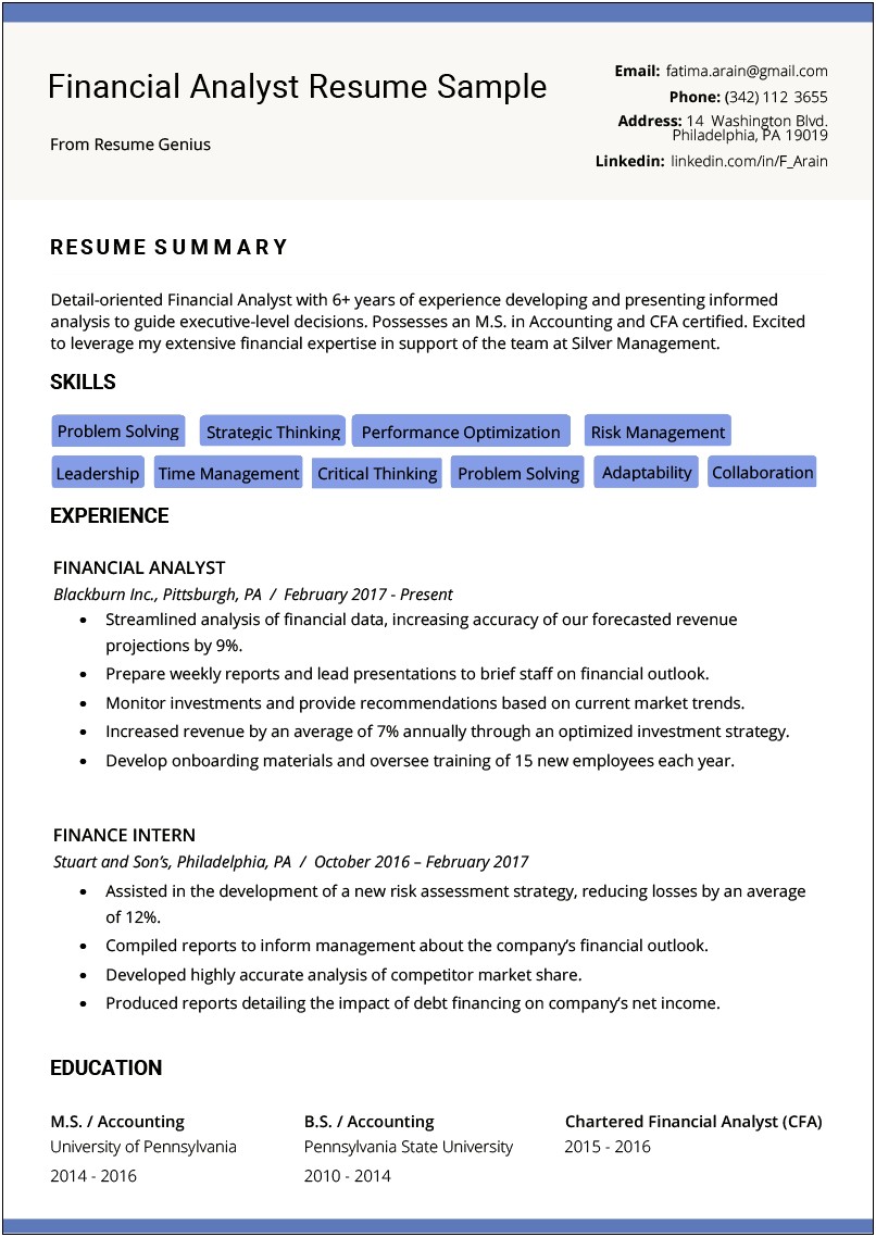 Resume Samples For Experienced Finance Professionals