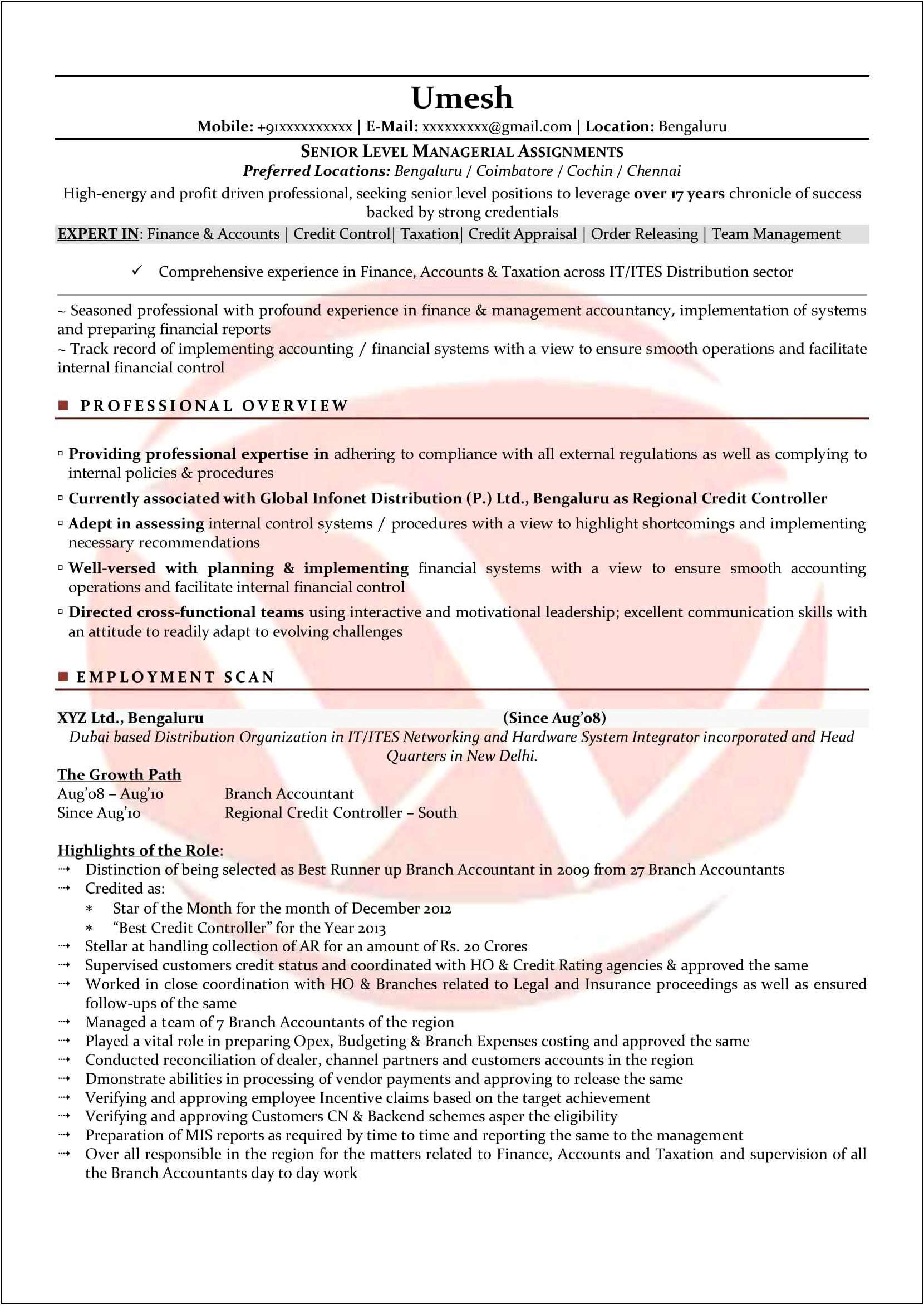 Resume Samples For Experienced Professionals India