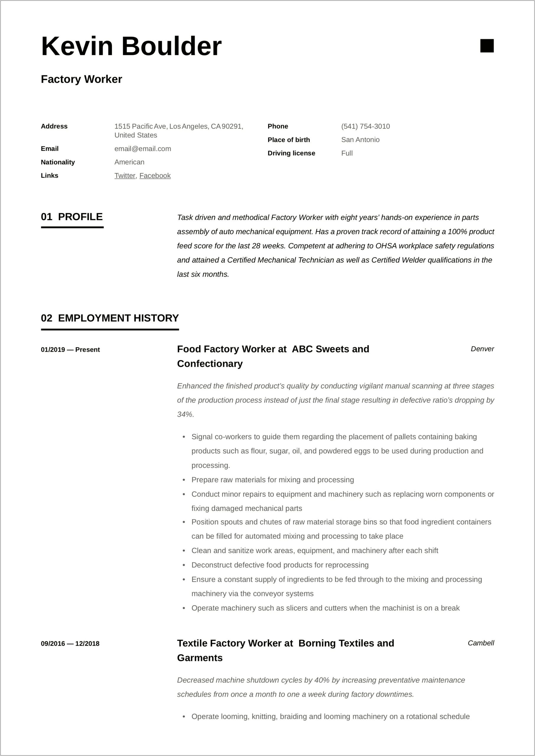 Resume Samples For Factory Employees