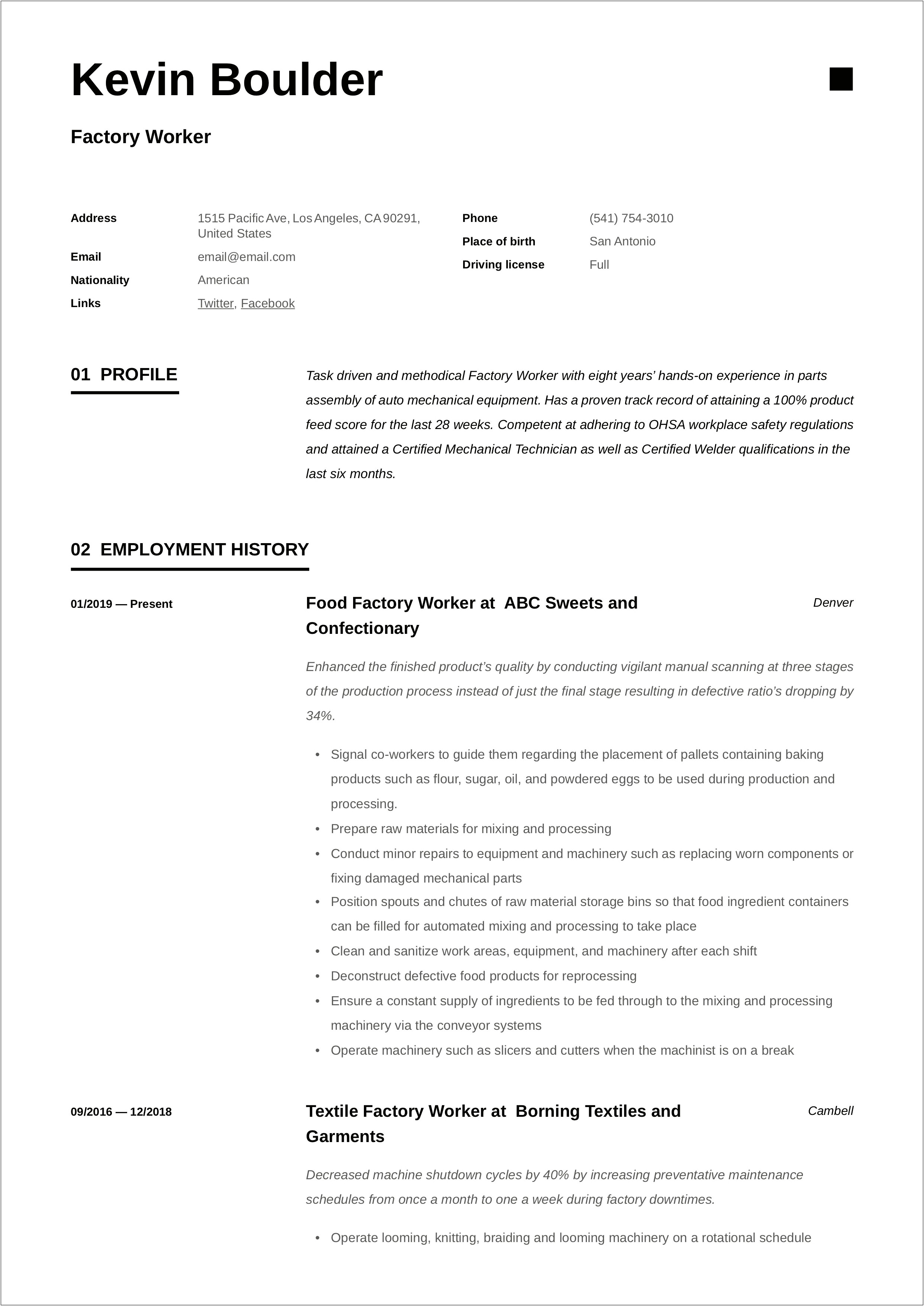 Resume Samples For Factory Employees