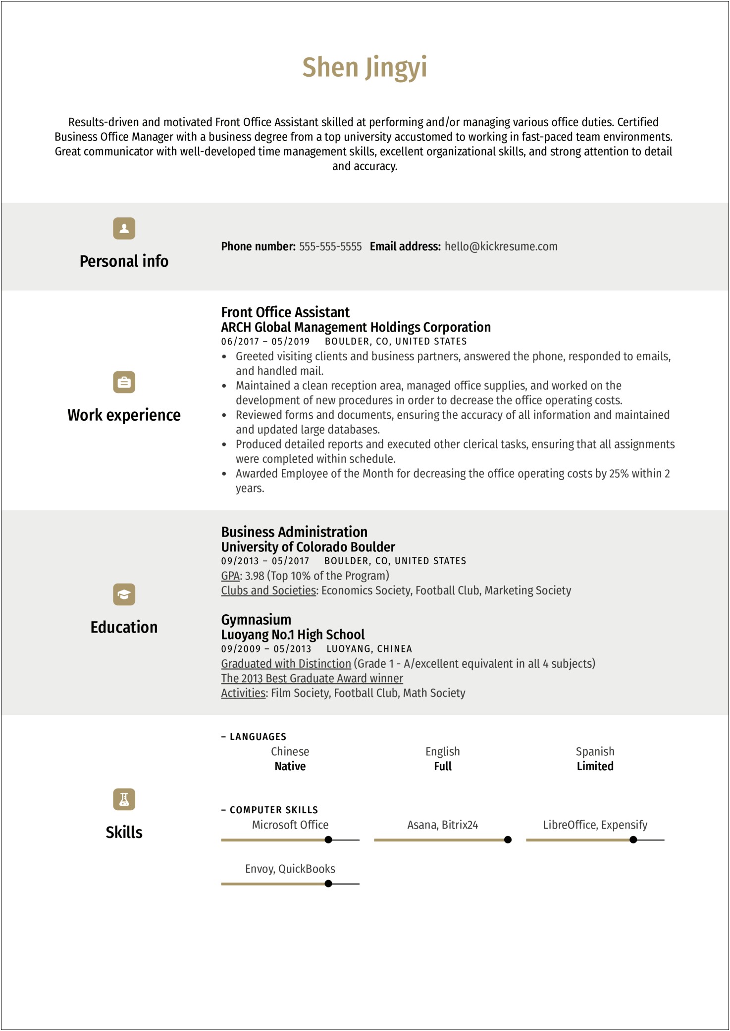 Resume Samples For Front Office Position