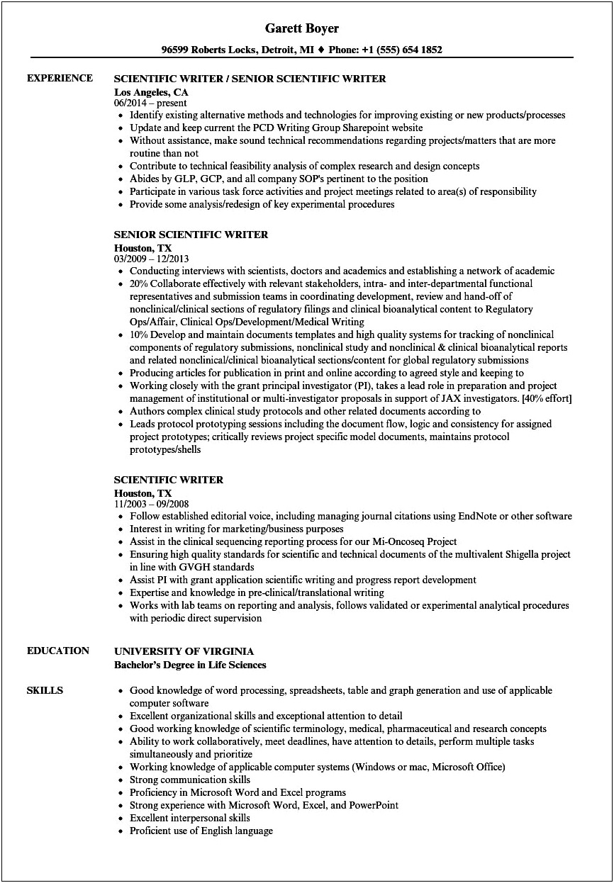 Resume Samples For Life Science