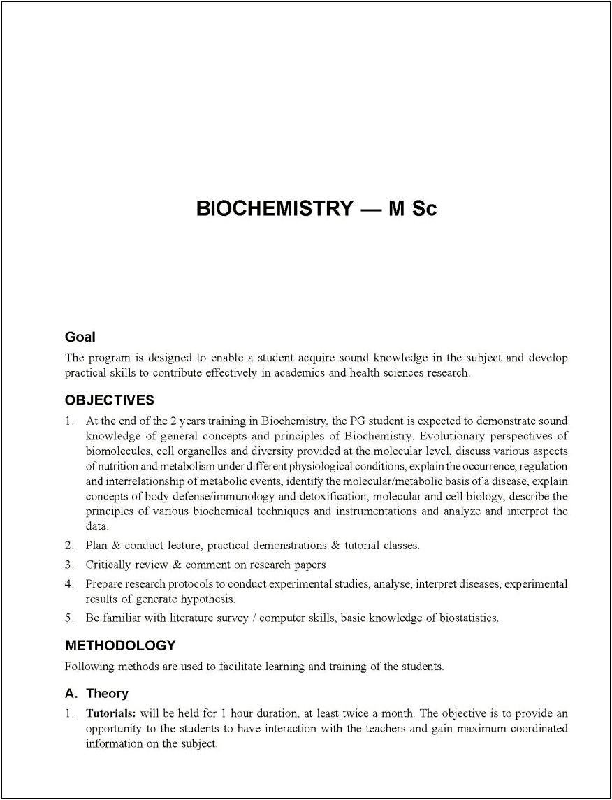Resume Samples For Msc Biochemistry Freshers