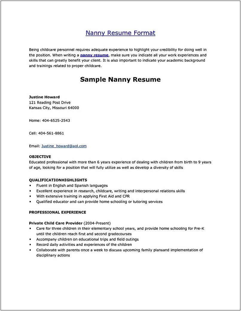 Resume Samples For Nanny Position