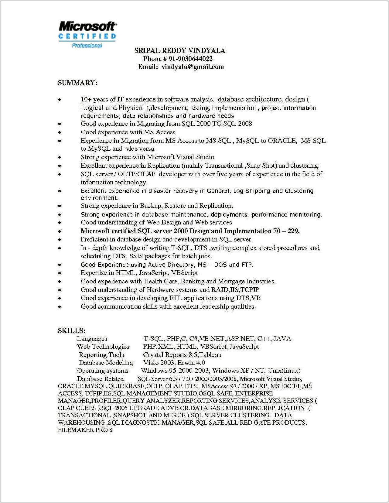 Resume Samples For Oracle Dba