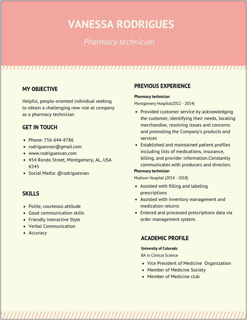 Resume Samples For Pharmacy Techs