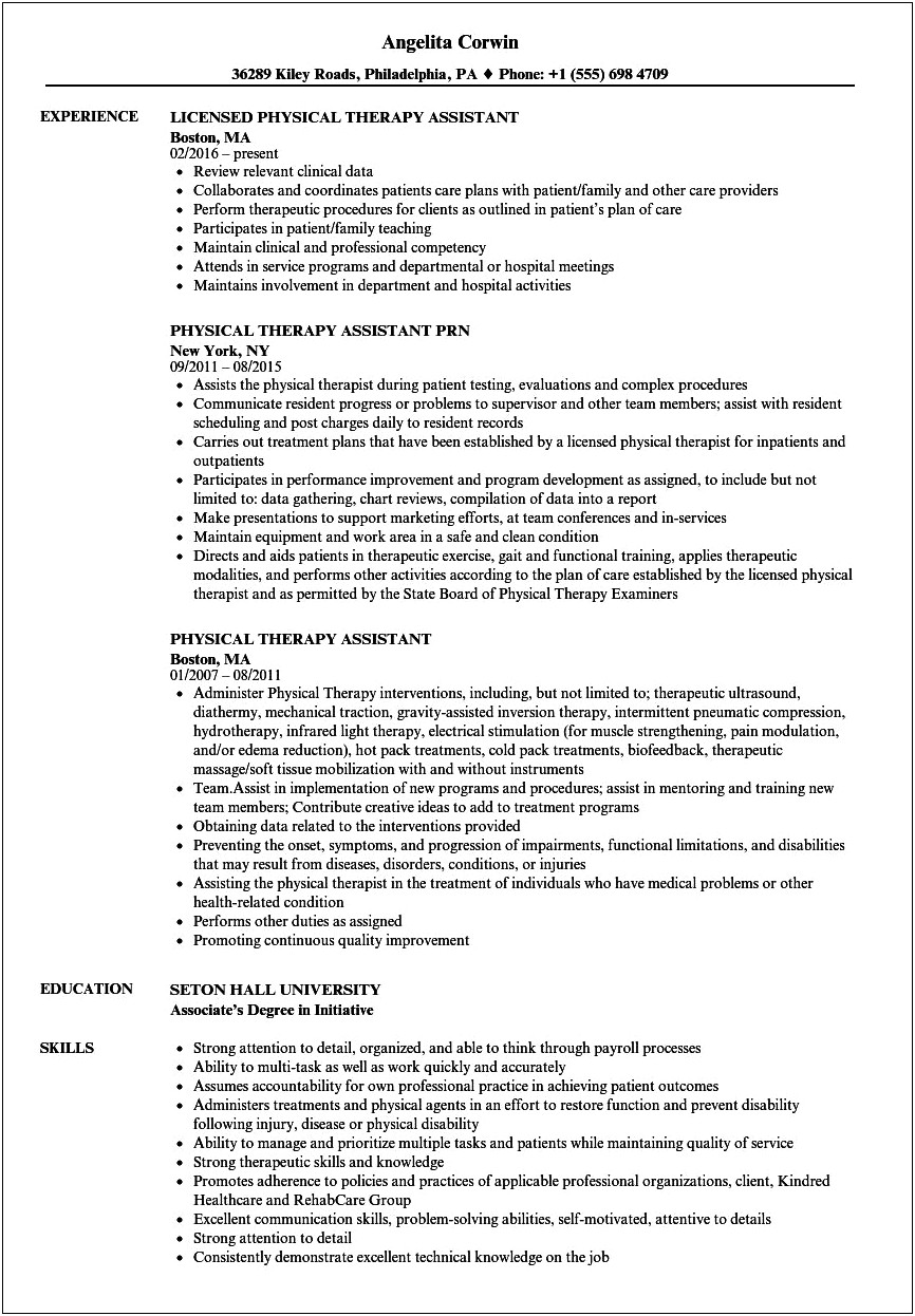 Resume Samples For Physical Therapists