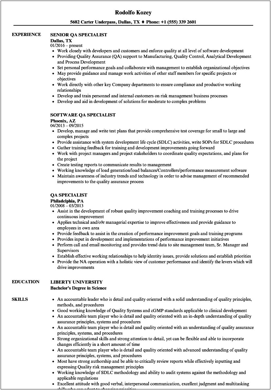 Resume Samples For Quality Assurance Specialist
