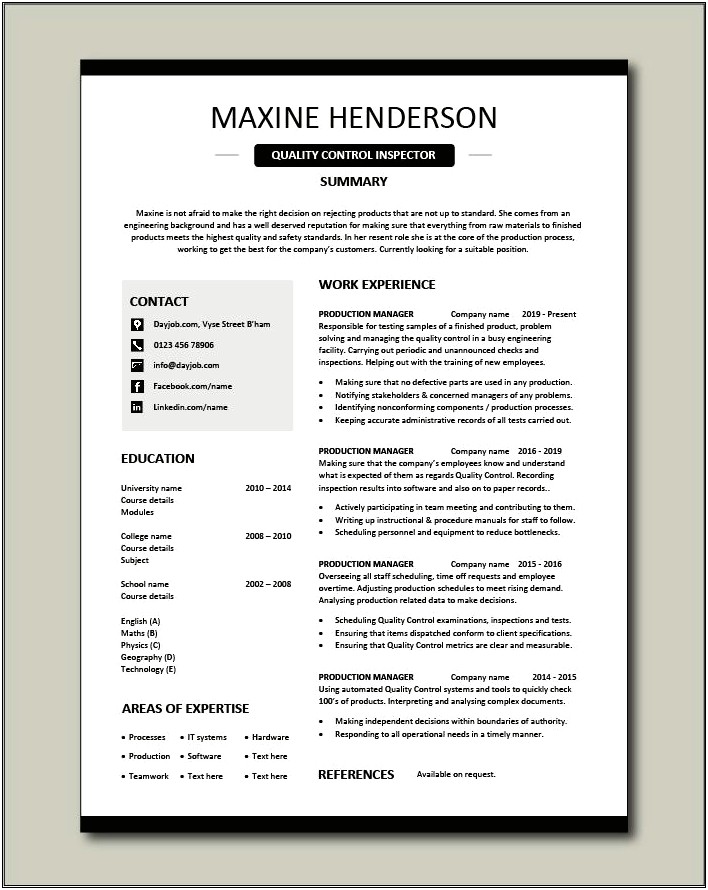 Resume Samples For Quality Control For Food Manufacturing