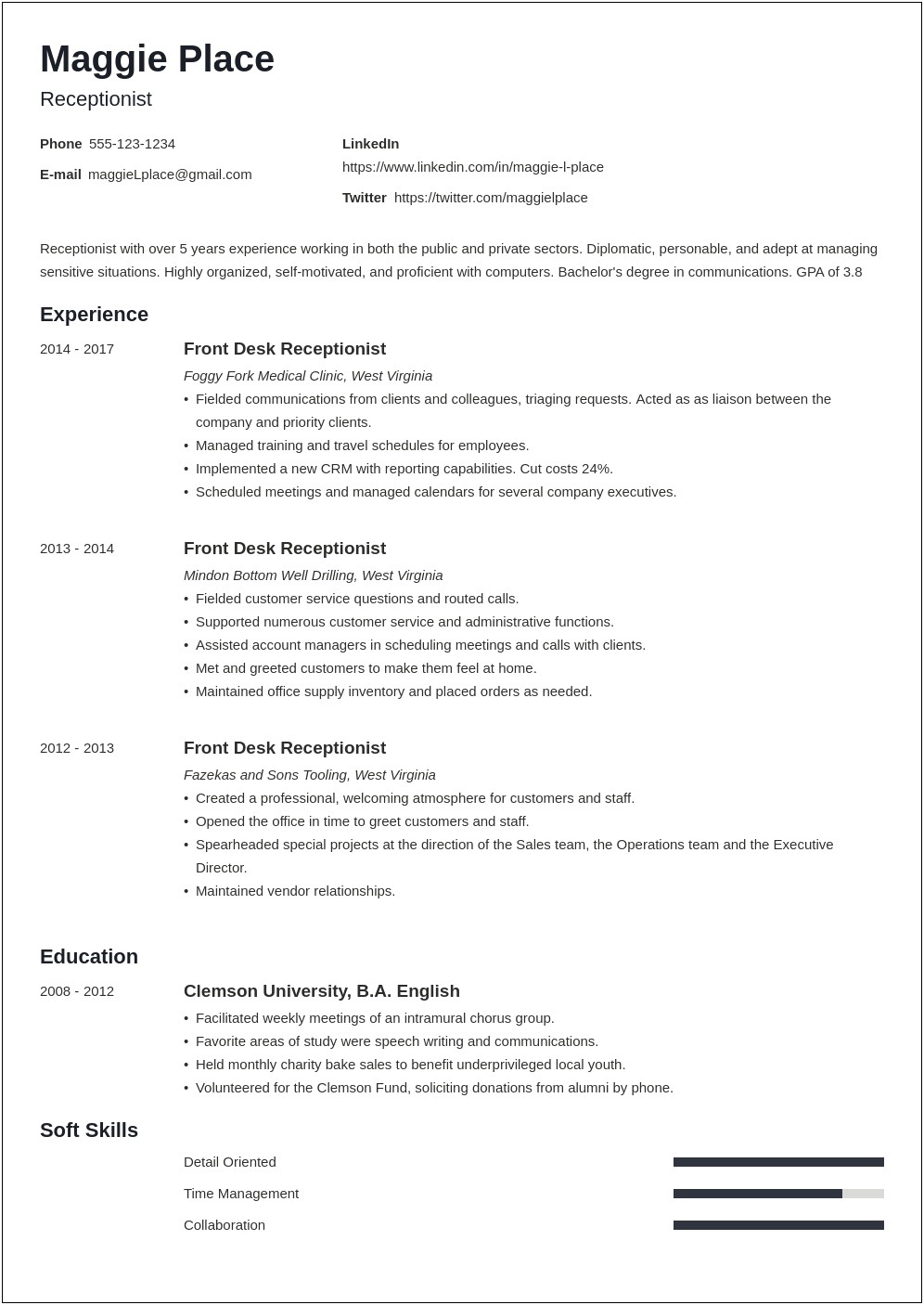 Resume Samples For Receptionist With No Experience