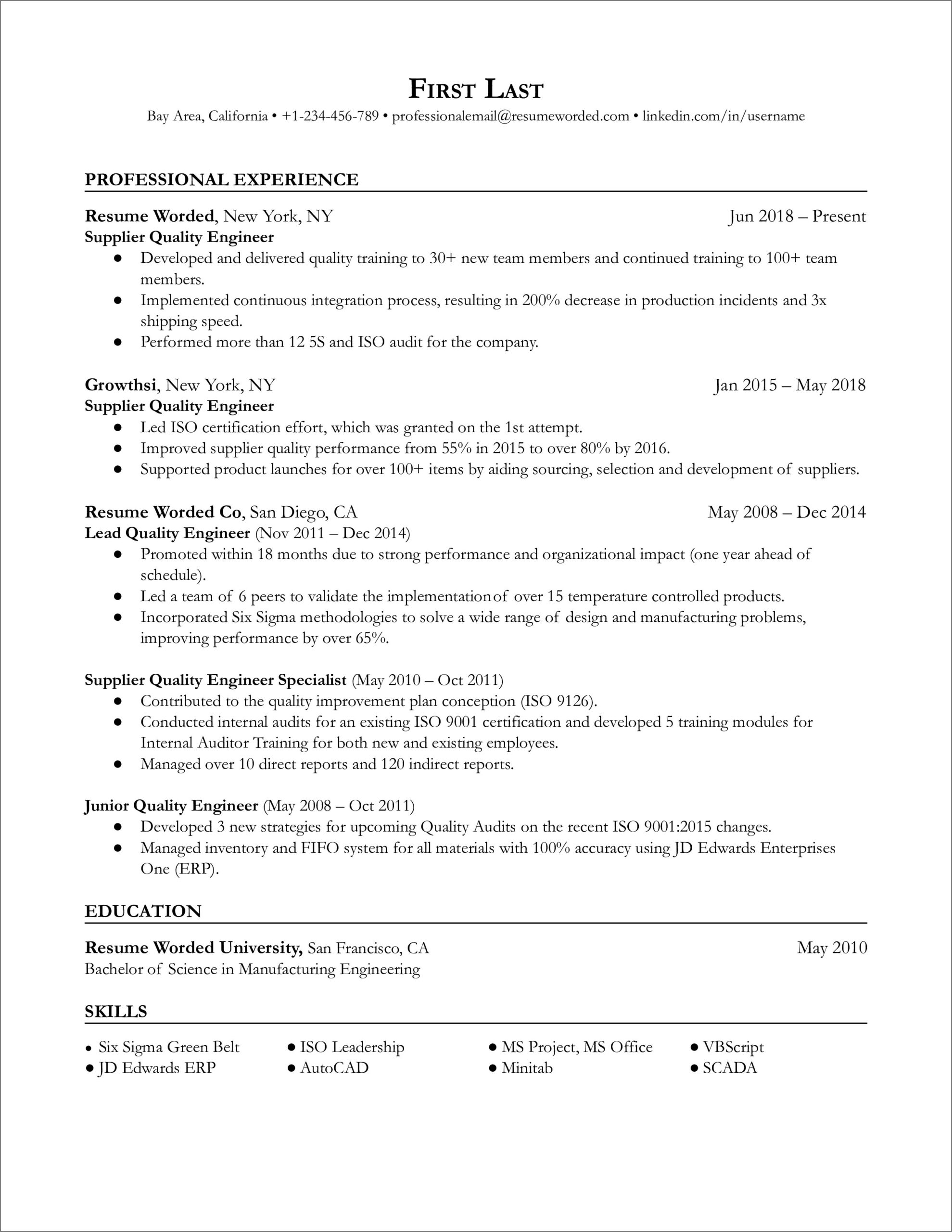 Resume Samples For Six Sigma
