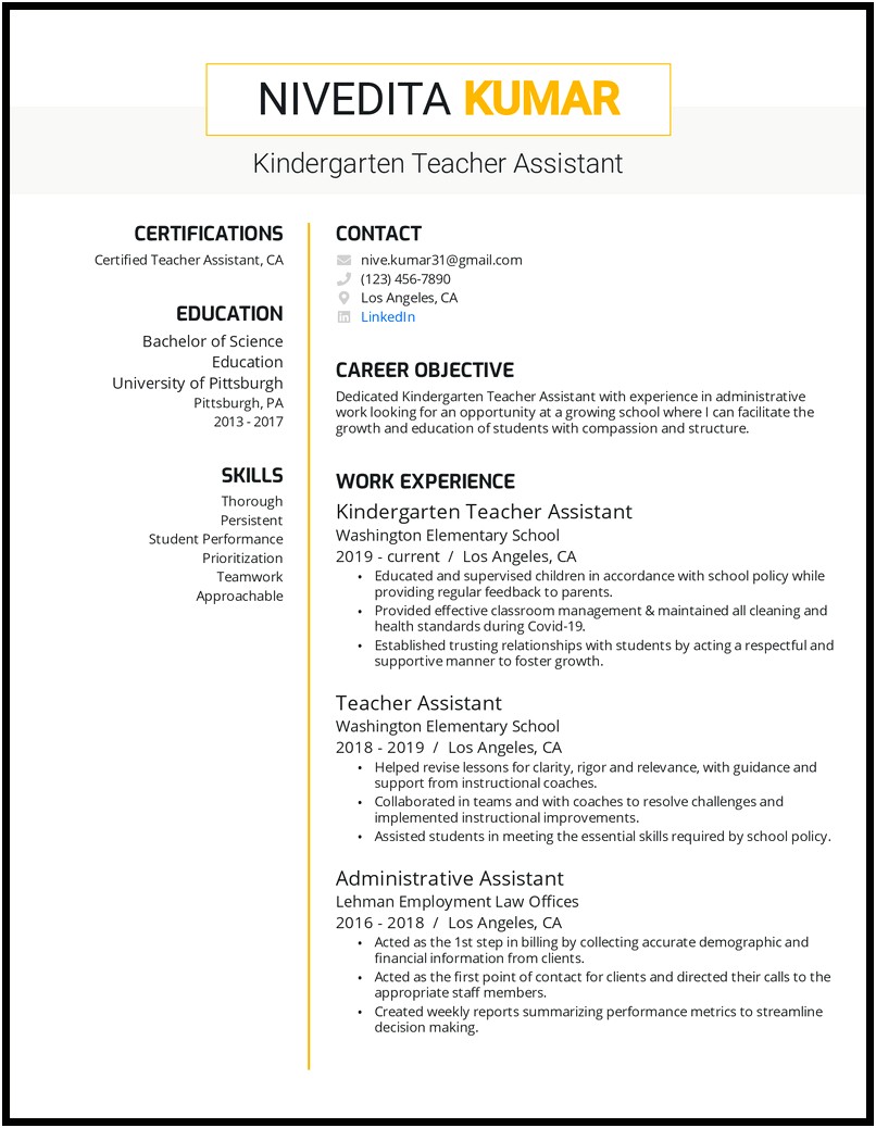 Resume Samples For Teacher Without Experience