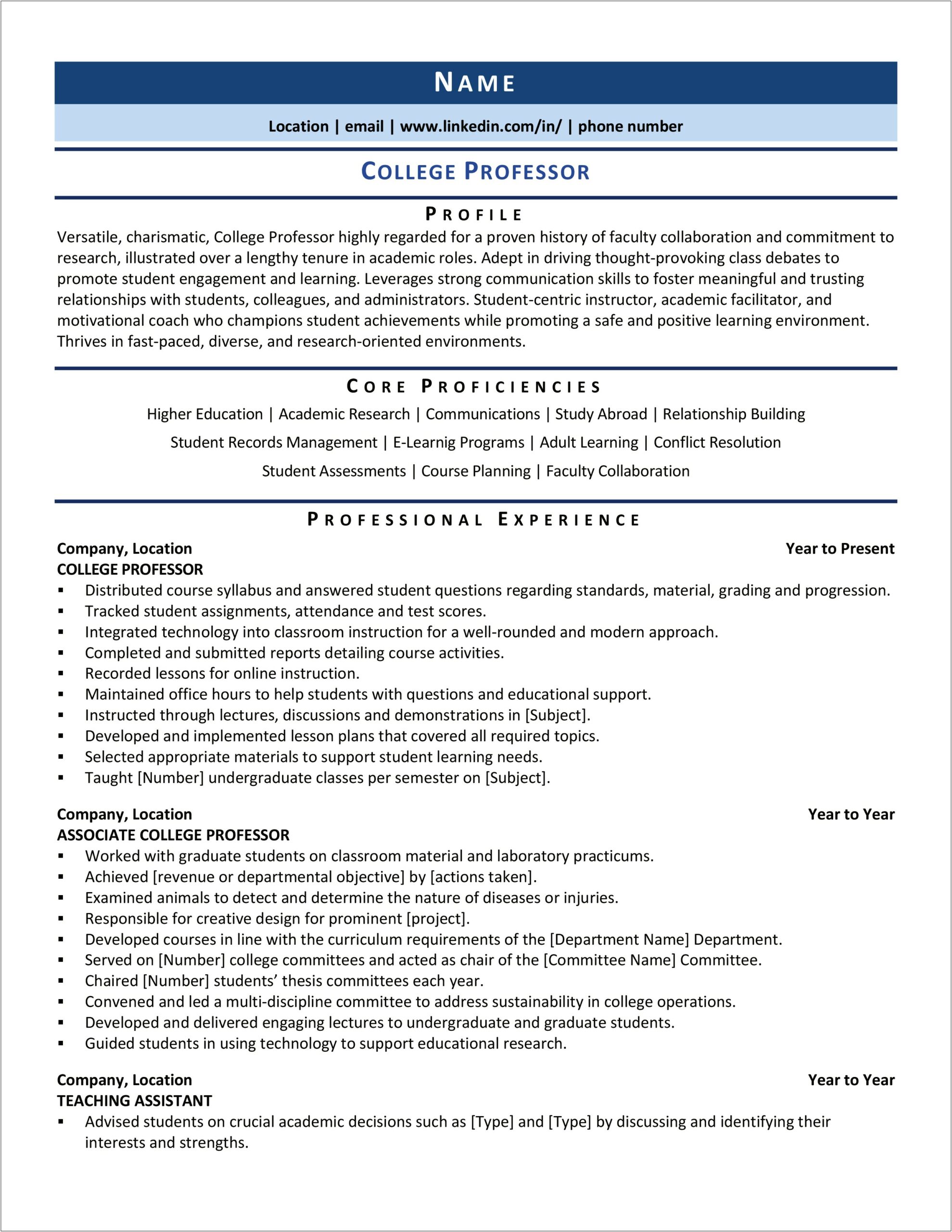 Resume Samples For Teaching College