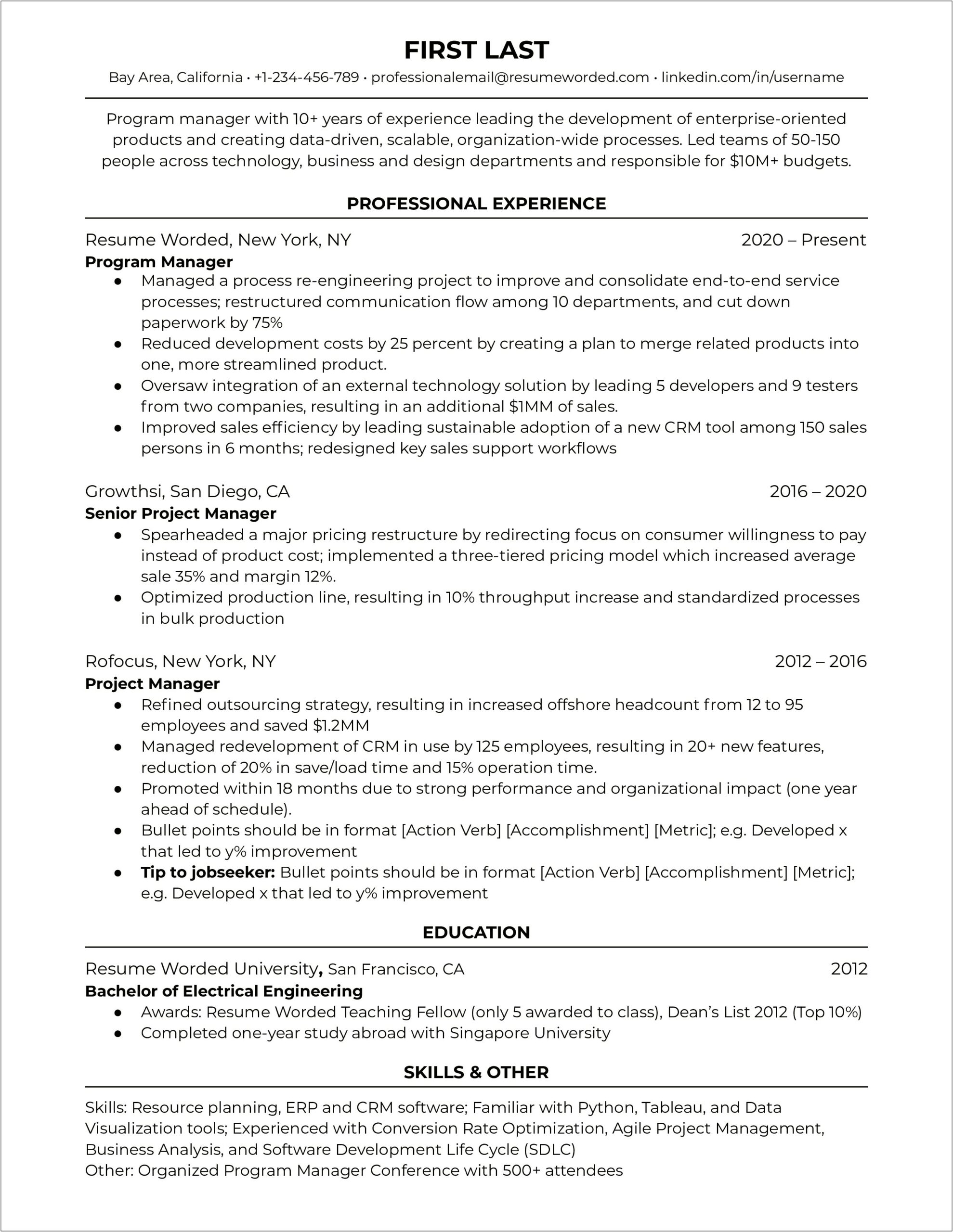 Resume Samples For Technical Program Managers
