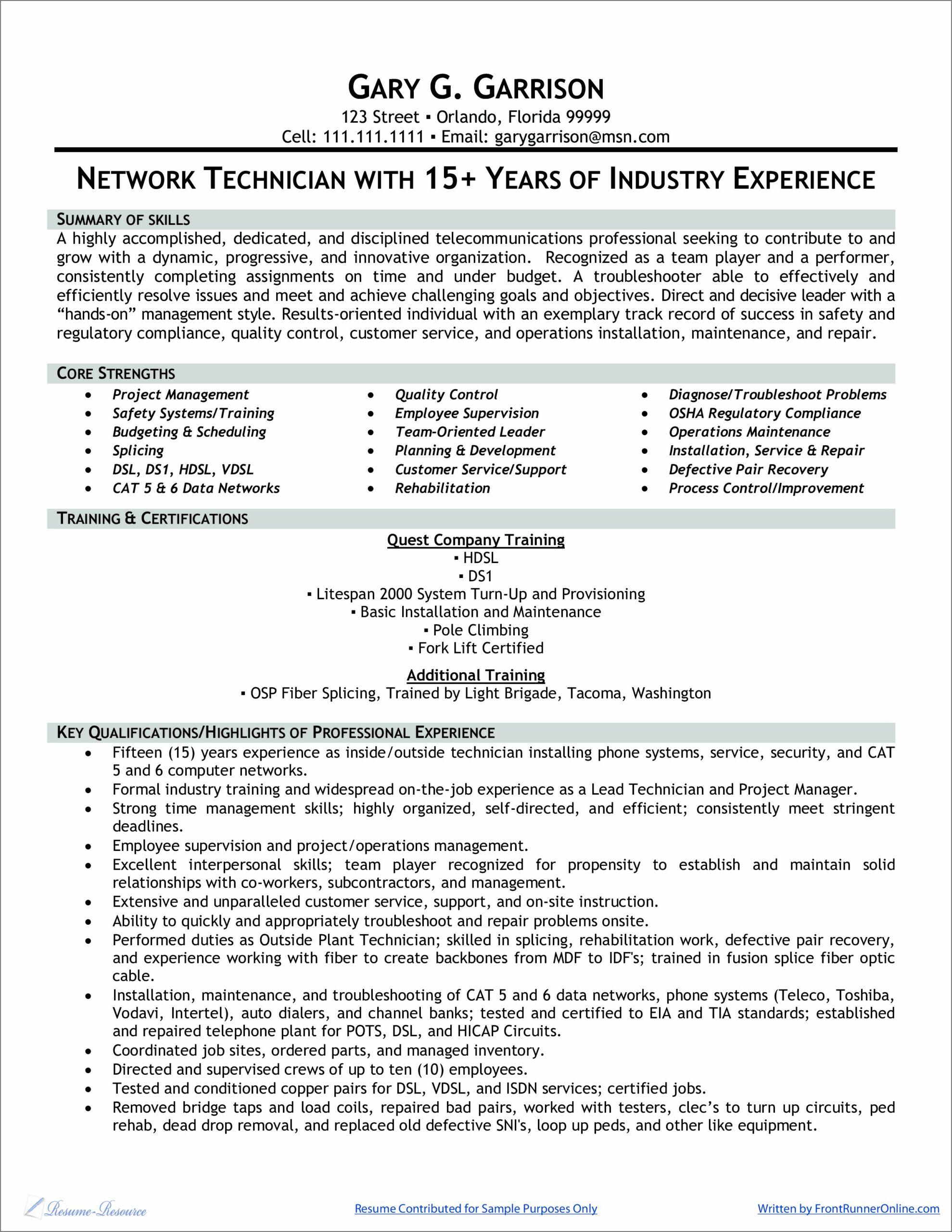 Resume Samples For Telecommunications Technician