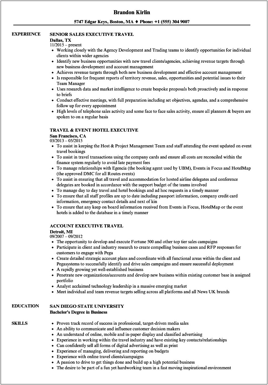 Resume Samples For Travel And Tourism