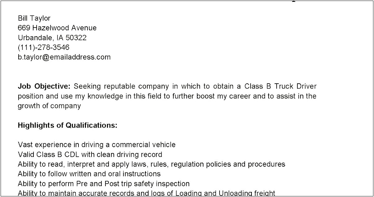 Resume Samples For Truck Drivers With An Objective