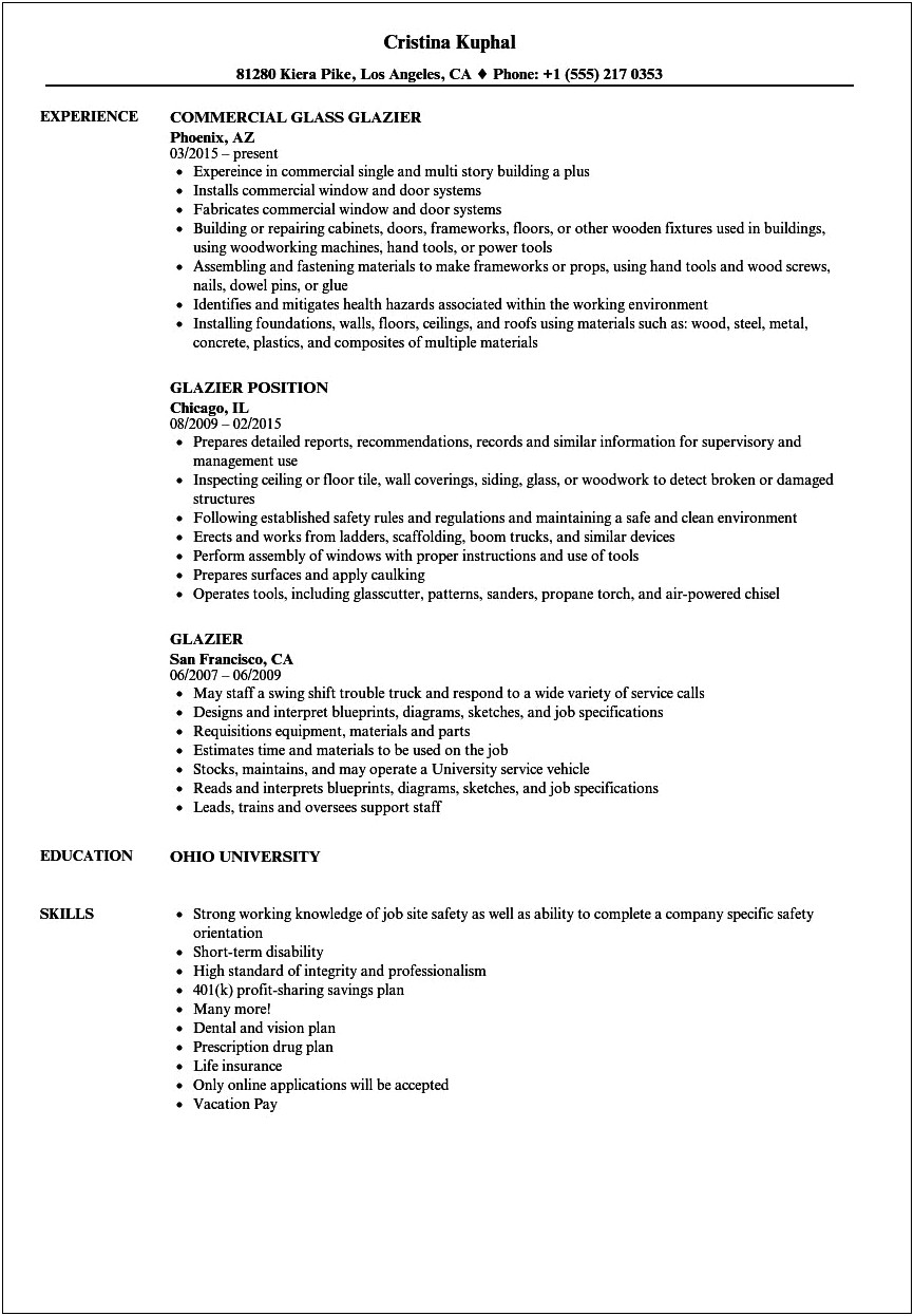 Resume Samples Glass And Window Worker
