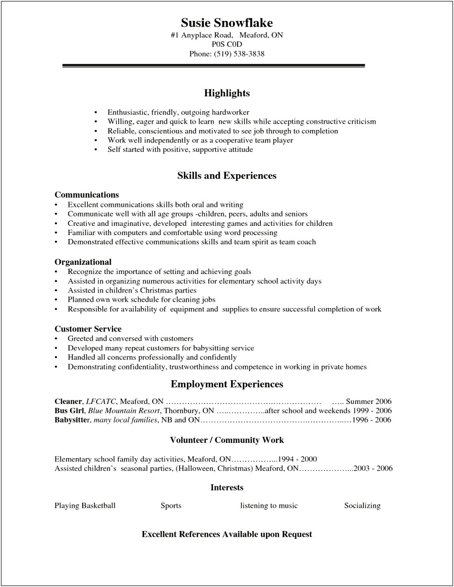 Resume Samples High School Students Work Experience