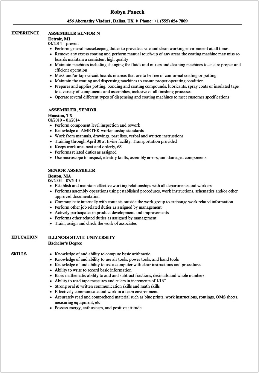 Resume Samples Of Cable Assemblers