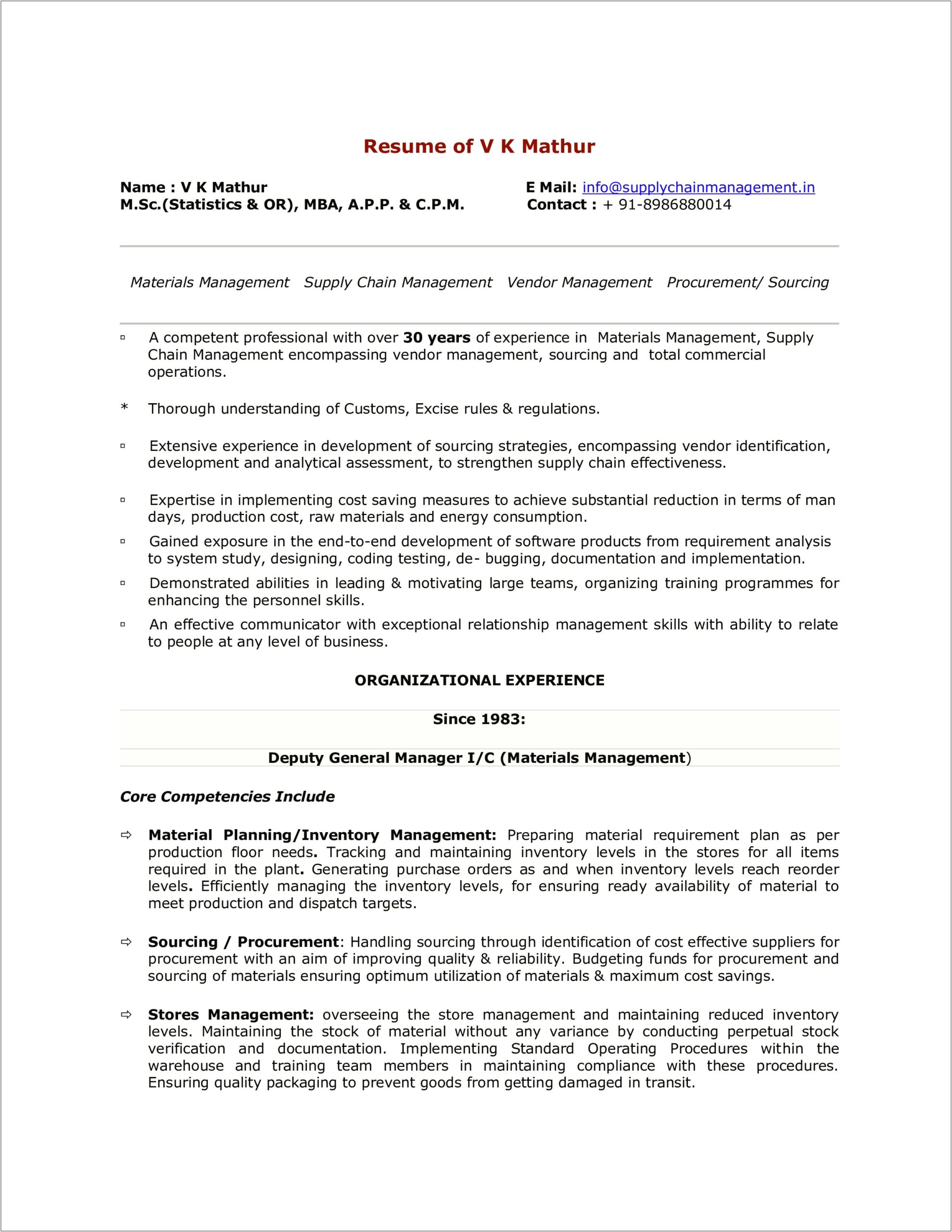 Resume Samples Of Supply Chain Management