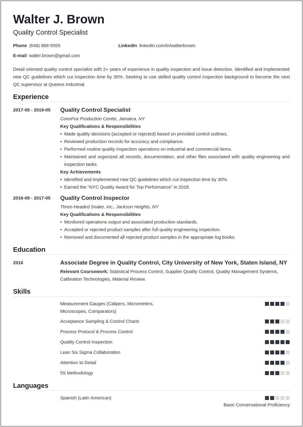 Resume Samples Quality Assurance Specialist