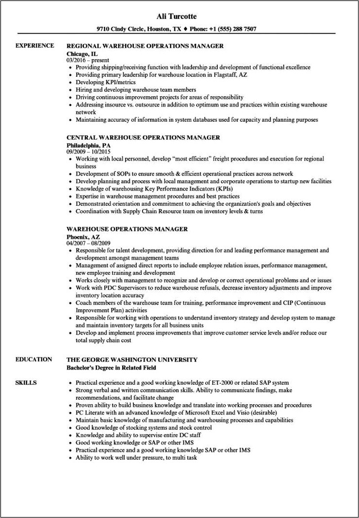 Resume Samples Warehouse Operations Manager