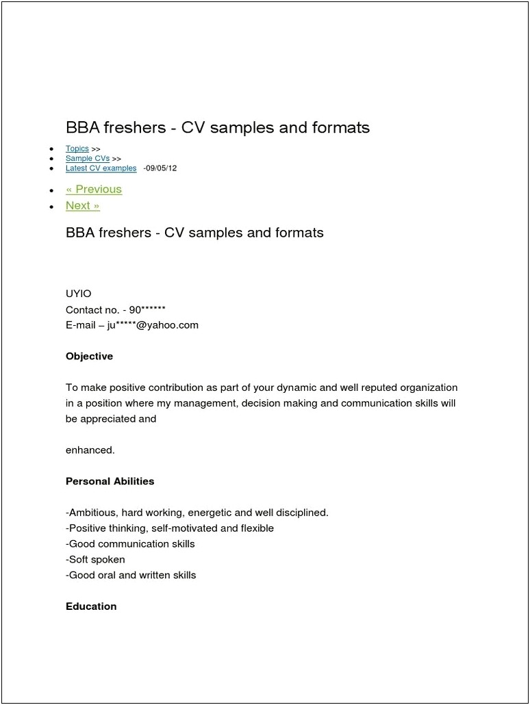 Resume Samples With Bba Degree
