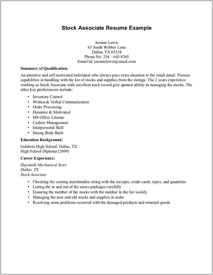 Resume Samples With Job Experience