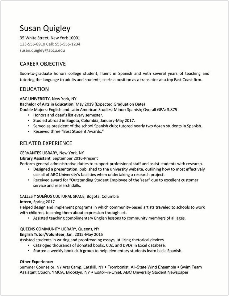 Resume Samples With Projected Graduation Date