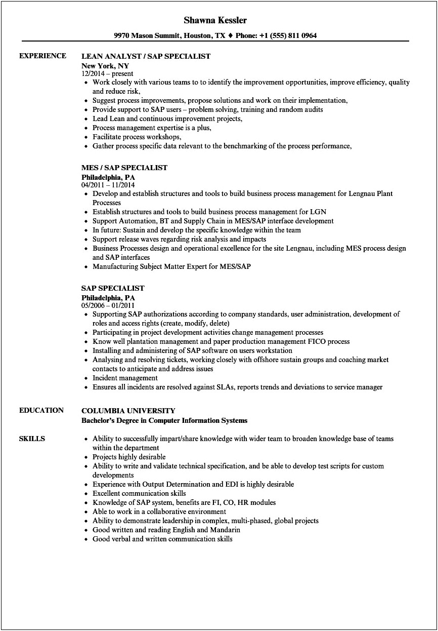 Resume Samples With Sap Software