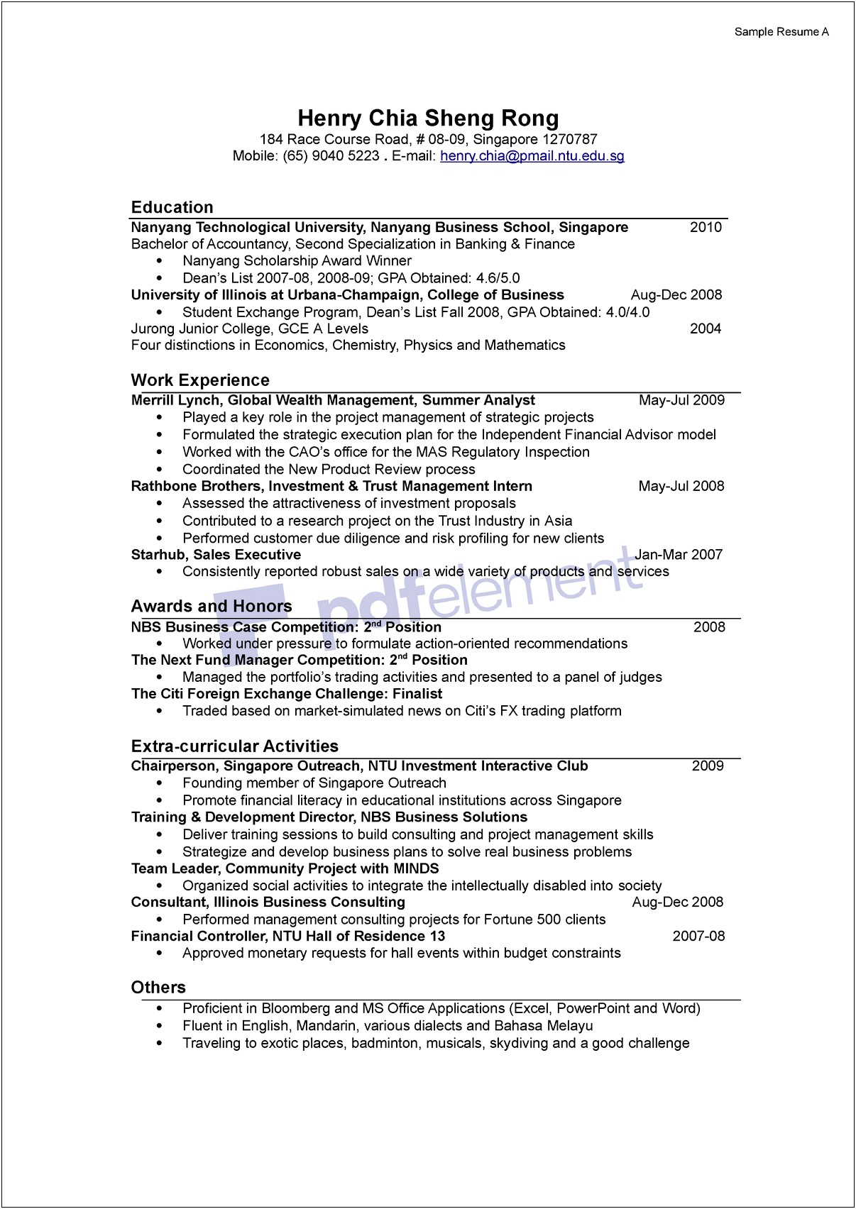 Resume Samples With Singapore Math