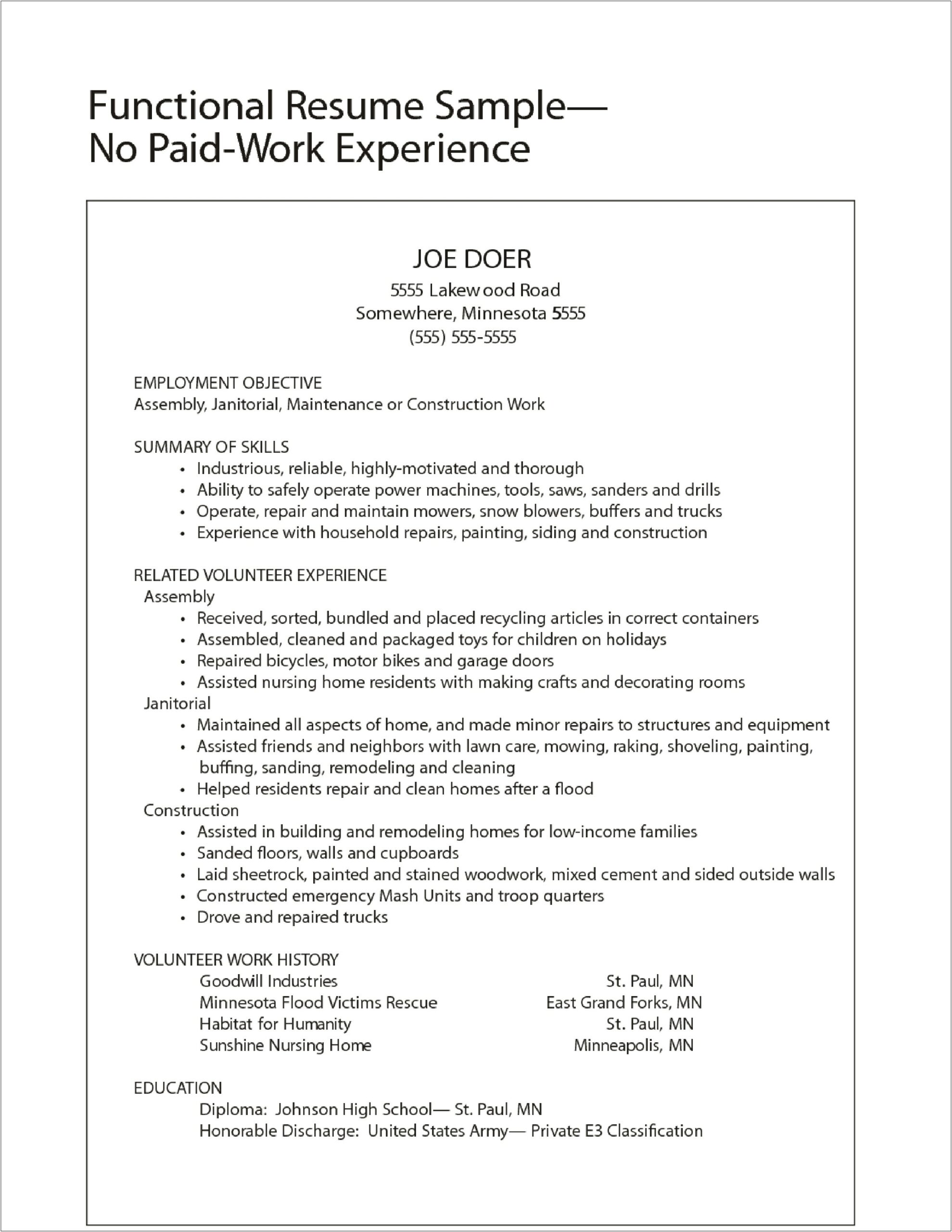 Resume Samples Without Work Experience
