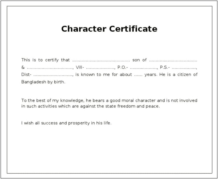 Resume School Character Certificate Sample
