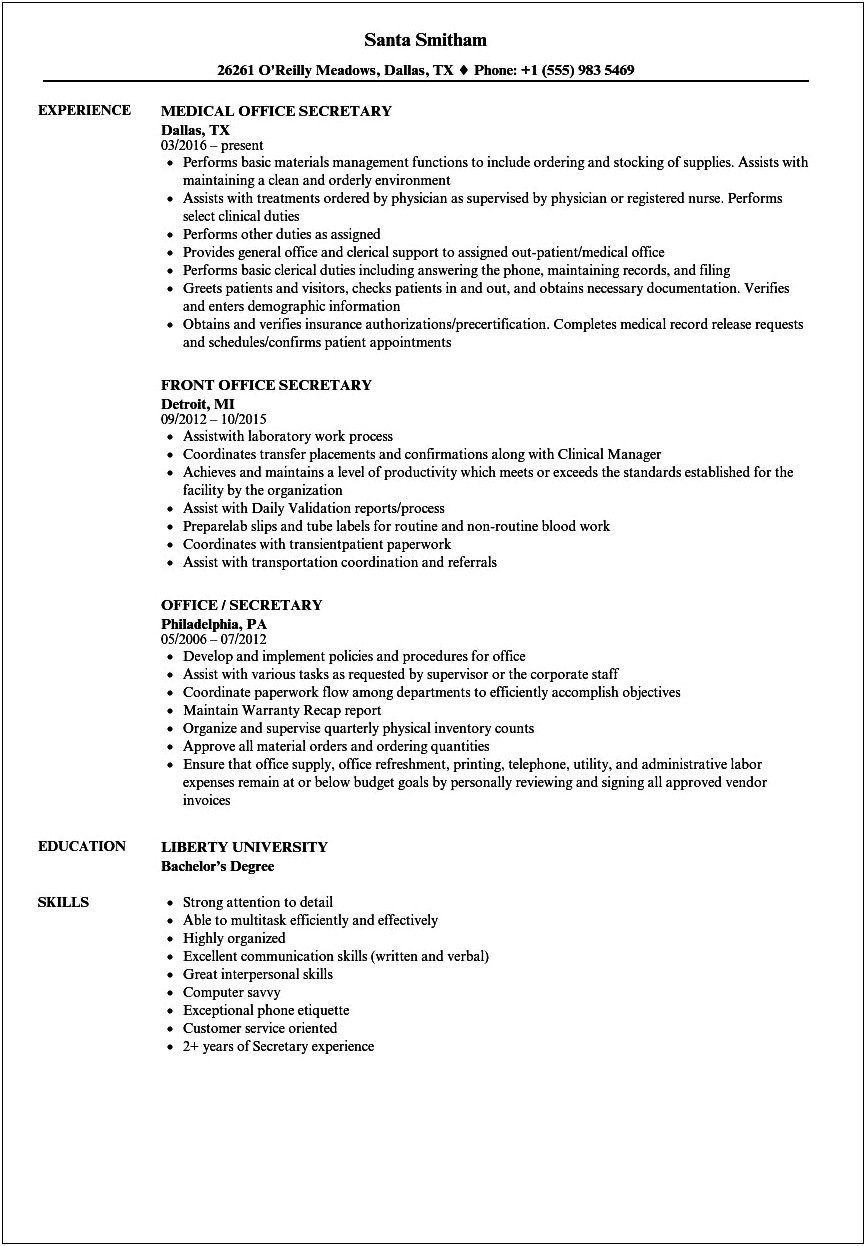 Resume Secretary Career Focus Samples