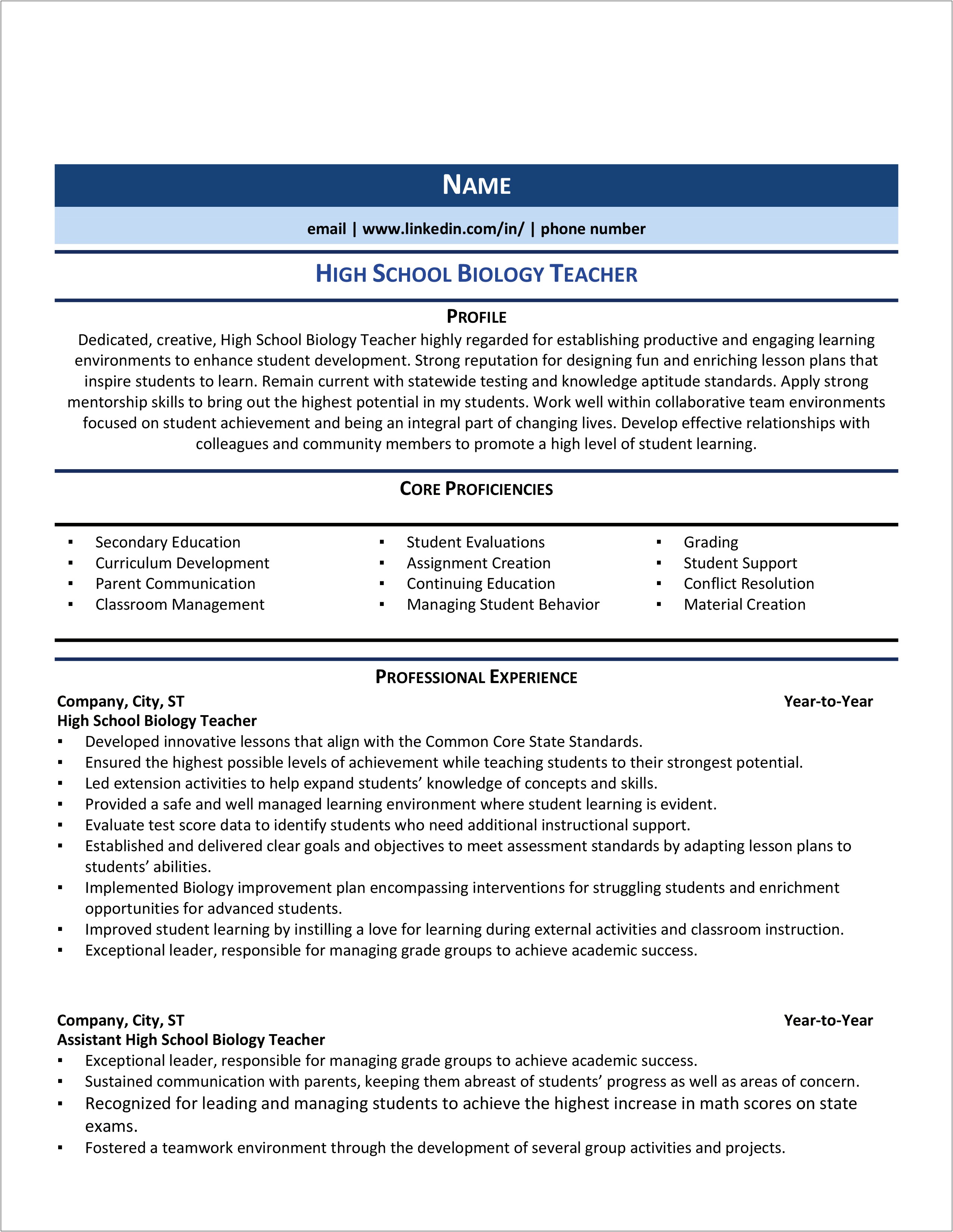 Resume Sections For High School Students