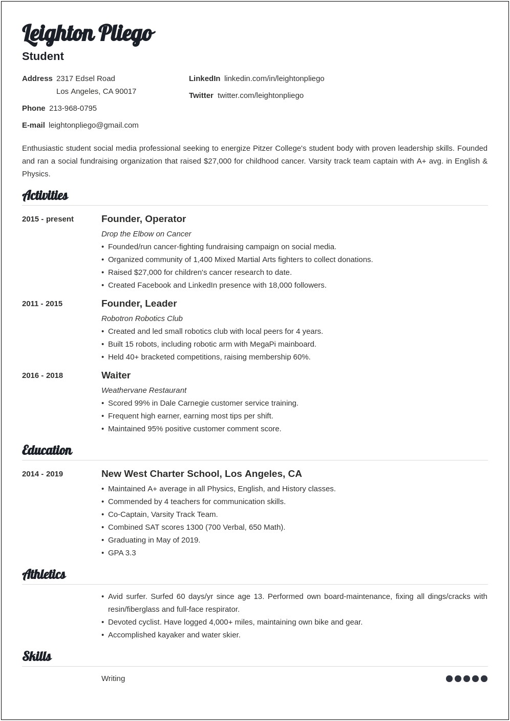 Resume Sheet For High School Students