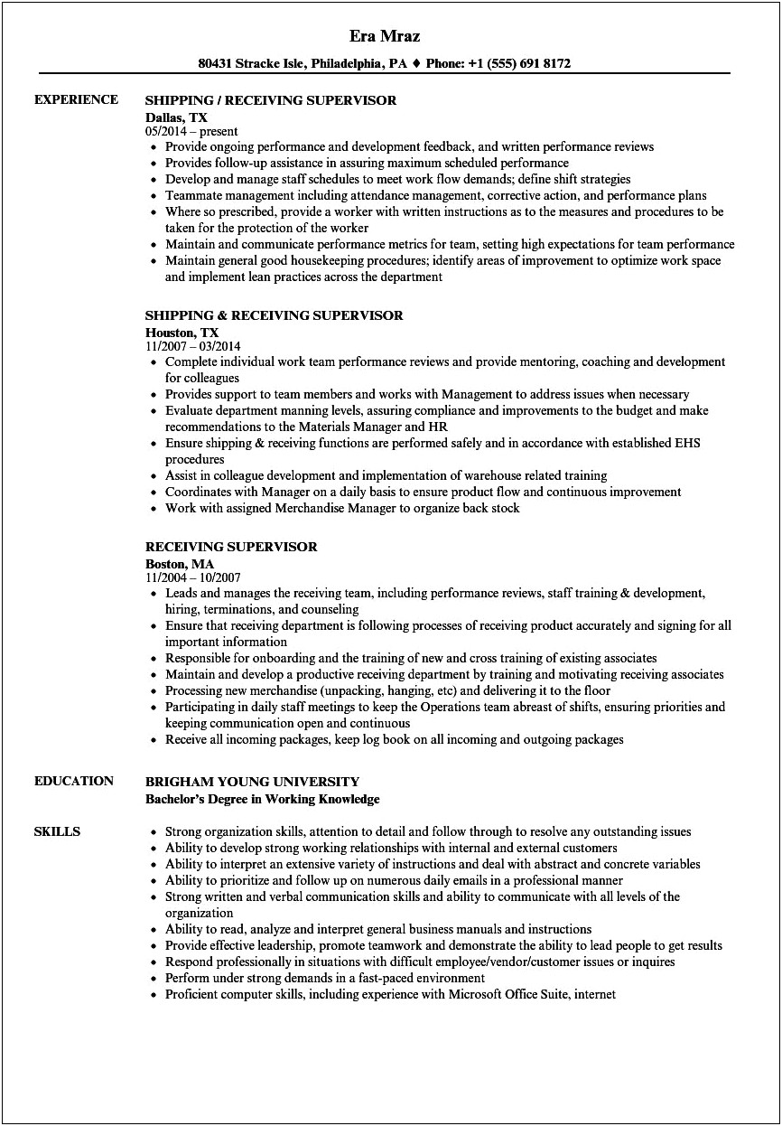Resume Shipping And Receiving Manager